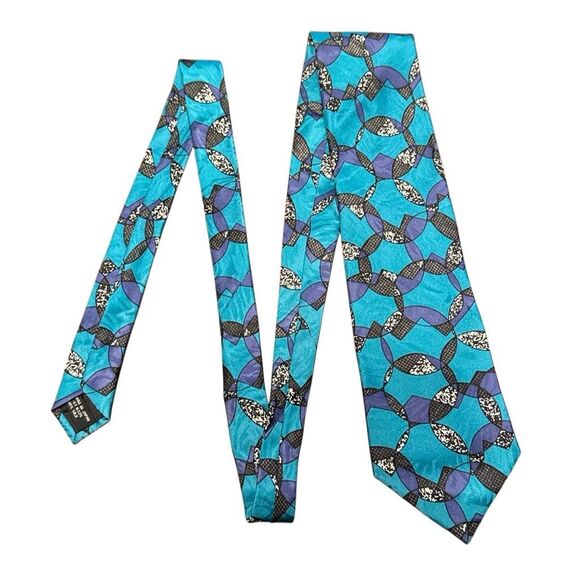 Vintage 1980s Silk Tie Jane Barnes Blue Teal Abstract 57” - Picture 1 of 7